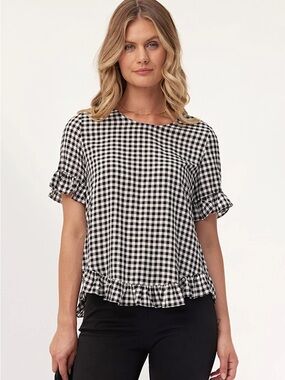 Petal & Pup Black and White Gingham Ruffle Sleeve Blouse